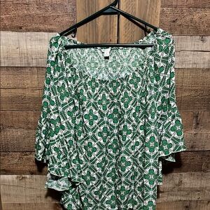 Cato Green and White Graphic 3/4 Sleeve Blouse